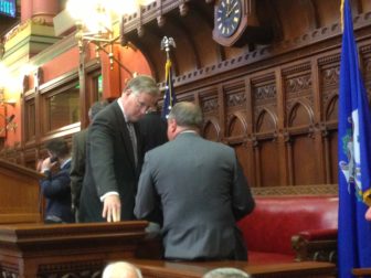 House Speaker J. Brendan Sharkey talking to House GOP Leader Lawrence F. Cafero Jr. before Cafero addressed the House.