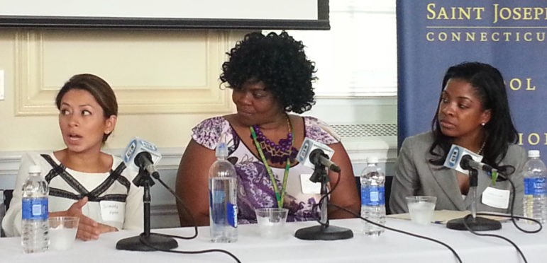 CCSN Program Coordinator Solandy Meza-Forte (left), speaks as AFCAMP advocate Brenetta Henry (center) and Autism Speaks Vice President Jamitha Fields (right).