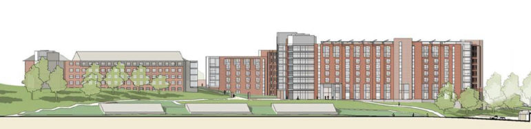 The right-hand structure is an artist's rendering of the propsed new STEM residence hall on the Storrs campus.