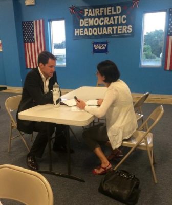 Himes with State Rep. Cristin McCarthy Vahey at Fairfield Democratic headquarters.