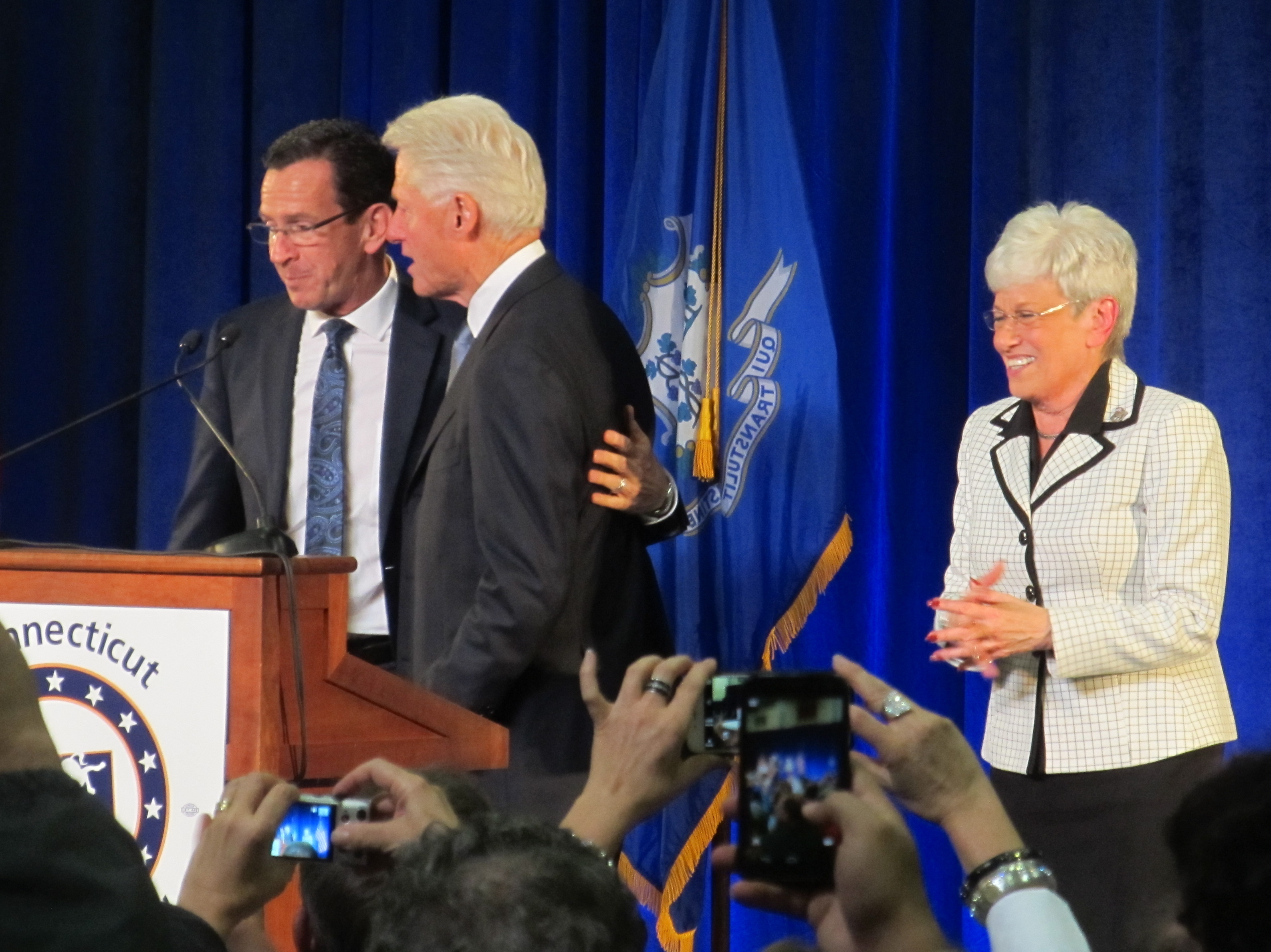 Malloy embracing Bill Clinton at a rally in 2014. He is returning the favor, endorsing Hillary Clinton for president.