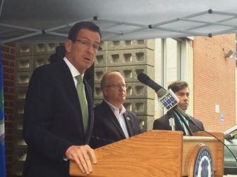 Gov. Dannel P. Malloy shared the spotlight with Mayor Mark Boughton. At right is Rep. David Arconti.