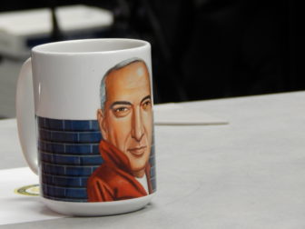 As a gift, Thomas Leonardi received a mug with the illustration of him that accompanied an article dubbing him a "rebel with a cause." The illustration was by Charlie Powell.