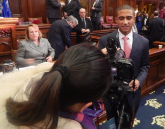 Freshman Rep. Aundre Bumgardner, R-Groton, is the focus of a flurry of interviews on his first day.