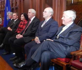 Six former Speakers of the Connecticut House, from left to right, Christopher Donovan, James Amann. Moira Lyons, Thomas Ritter, Richard Balducci and Ernest Abate.