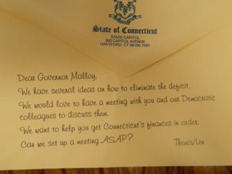 The "back-of-the-envelop" appeal for budget talks from the House and Senate minority leaders, Themis Klarides and Len Fasano