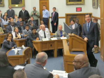 Gov. Dannel P. Malloy takes a question after his second-chance speech at Yale Law School.