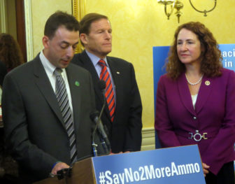 Dave Stowe of the Newtown Action Alliance appears with the lawmakers to support their bill.