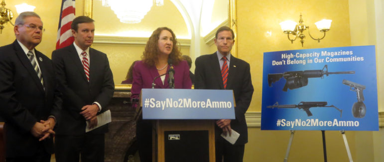 Sens. Robert Menendez, D-NJ, and Chris Murphy, D-CT; Rep. Elizabeth Esty, D-5th, and Sen. Richard Blumenthal, D-CT, introducing the legislation banning large capacity magazines.