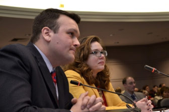 State Rep. Kelly Luxenberg,D-12th, right, delivering her testimony to the legislature's Judiciary Committee on March 18. At left is State Rep. Jesse MacLachlan, Clinton.