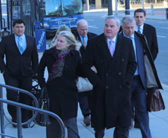 Former Gov. John G. Rowland and his wife Patty arrive at the U.S. Courthouse in New Haven for Rowland's sentencing Wednesday.