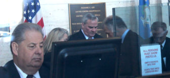Former Gov. John G. Rowland inside the U.S. Courthouse in New Haven after arriving for his sentencing Wednesday.