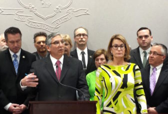 Senate Minority Leader Len Fasano, at podium, and House Minority Leader Themis Klarides