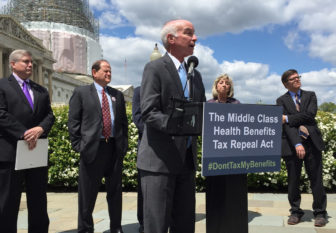 Rep. Joe Courtney Tuesday explaining his bill. Behind him, left to right, are Christian Leinbach, Commissioner, Berks County, Pa; James Klein, President American Benefits Council; Rep. Dina Titus, D-Nev.; and Josh Bivens of the Economic Policy Institute.