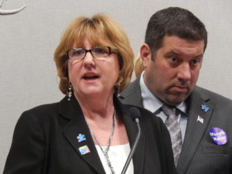 Rep. Cathy Abercrombie at a press conference advocating for more funding for human services