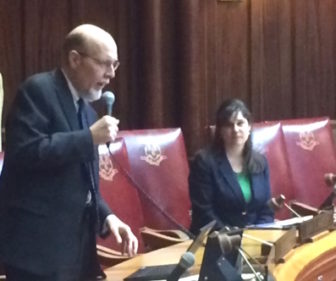 Sen. Joe Markley, with microphone, and Sen. Dante Bartolomeo during Wednesday's Senate debate.