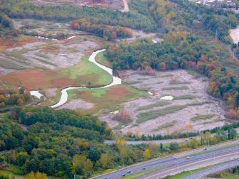 An aerial of the Laurel Marsh project in East Hartford and Manchester, which replaced invasive aquatic grasses with native species.