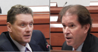 Rep. Russ A. Morin, D-Wethersfield, and Sen. L. Scott Frantz, R-Greenwich, members of the Finance, Revenue and Bonding Committee, debate tax proposals put forward by Democrats Wednesday.