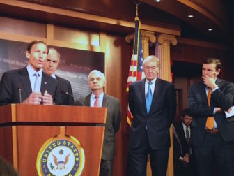 Left to right, Democratic Sens. Richard Blumenthal of Connecticut, Bob Casey of Pennsylvania, Jack Reed of Rhode Island, Ed Markey of Massachusetts, and Chris Murphy of Connecticut urge more funding for Amtrak at a press conference Thursday.