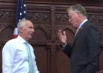 Mark Ojakian, left, the governor's chief of staff, and House Speaker J. Brendan Sharkey. Ojakian convinced Democratic leaders to accept the personnel change.