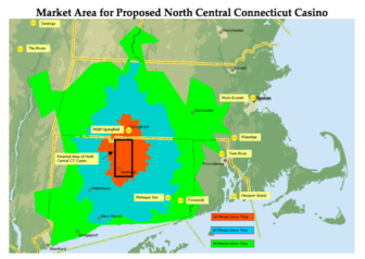 The tribes want a casino in north-central Connecticut. The map shows driving times: brown, 30 minutes; blue, 60 minutes; green, 90 minutes