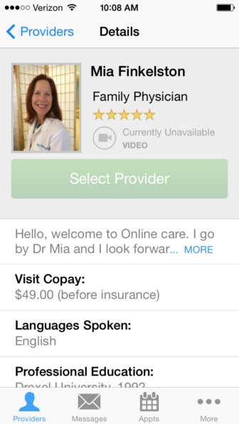 This is a picture of Dr. Mia Finkelston's profile page on the LifeHealth Online app. Patients can use it to choose a doctor licensed in their state.