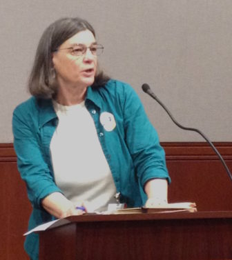 Jane McNichol, executive director the Legal Assistance Resource Center of Connecticut, speaks at the Republican forum on tax increase proposals.
