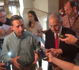 From left, Senate Majority Leader Bob Duff and Senate President Pro Tem Martin Looney explain budget changes.