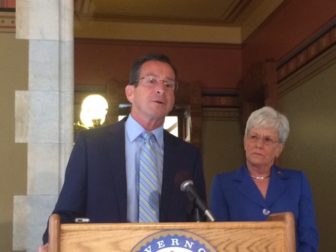 Gov. Dannel P. Malloy announcing proposed budget changes with Lt. Gov. Nancy Wyman.