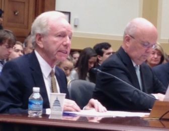 Former Connecticut U.S. Sen. Joseph Lieberman testifies on the Iran nuclear agreement before a U.S. House committee Tuesday. On the right is retired general Michael Hayden, former director of the CIA and the National Security Agency.