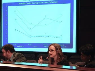 Melissa Garvin details a drop in average phone wait times at the Department of Social Services.