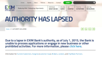 Visitors to the Export-Import Bank homepage get a message saying the bank cannot engage in any new business.