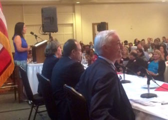 From right, Bill Finch, Joe Ganim and Mary-Jane Foster are introduced at a debate Wednesday by Nora Duncan of the AARP.