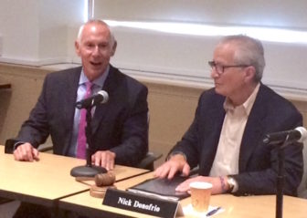 Mark Ojakian, left, and Nicholas M. Donofrio, chair of the governing board of the Connecticut State Colleges and Universities system, at a meeting Friday at which Ojakian, was named the system's interim president.