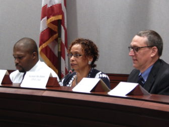 Sen. Gary Winfield, left, and oversight committee co-chairs Rep. Toni Walker and state budget director Benjamin Barnes