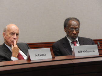 State Tax Panel co-chairs William Nickerson and William Dyson (left to right, name plates don't match individuals because of photo angle)
