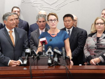 House Minority Leader Themis Klarides and Senate Minority Leader Len Fasano criticize Gov. Dannel P. Malloy's budget cuts. At right is Connecticut Hospital Association CEO Jennifer Jackson.