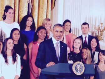 President Barack Obama sings the praises of the national champion University of Connecticut women's basketball team at the White House.