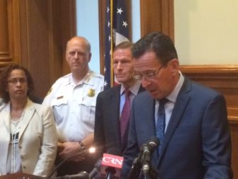 Gov. Dannel P. Malloy with U.S. Sen. RIchard Blumenthal, Chief Dean Esserman and Rep. Toni Walker.
