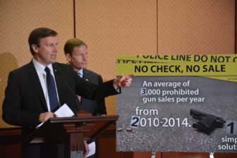 Conecticut U.S. Sens. Chris Murphy, left, and RIchard Blumenthal discuss gun legislation introduced Wednesday.