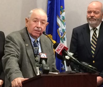 Sen. Stephen T. Cassano, D-Manchester, left, and Lyle Wray, executive director of the Capitol Region Council of Governments, urge support for a transportation lockbox Thursday.