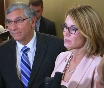 Senate Minority Leader Len Fasano and House Minority Leader Themis Klarides after budget talks Wednesday