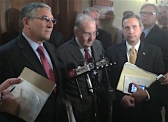 Senate Minority Leader Len Fasano, Senate President Pro Tem Martin M. Looney and Senate Majority Leader Bob Duff talk to reporters after budget negotiations Tuesday.