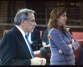 The Democrats' lawyer, David S. Golub, and Assistant Attorney General Maura Murphy Osborne arguing about a subpoena contested by the party.