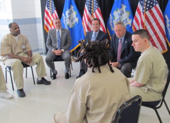 From left, Robert Smith, Warden John Tarascio, Gov. Dannel P, Malloy, Commissioner Scott Semple, Adam Lincoln and Hiram McReynolds at the opening of a reintegration unit for veterans in November.