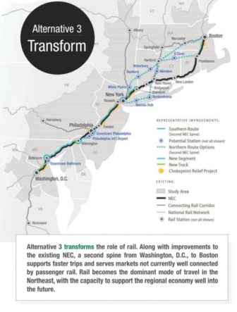 A map of Alternative 3, which includes a tunnel under Long Island Sound to New Haven. Click image to enlarge.