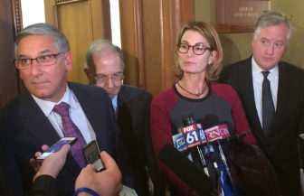 Legislative leaders answer questions after Wednesday's budget talks. From left, Senate Minority Leader Len Fasano, Senate President Pro Tem Martin Looney, House Minority Leader Themis Klarides and House Speaker Brendan Sharkey.