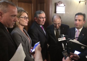 Legislative leaders report on their discussions of the state budget deficit Tuesday. From left, House Majority Leader Joe Aresimowicz, House Minority Leader Themis Klarides, Senate Minority Leader Len Fasano, Senate President Pro Tem Martin Looney and Senate Majority Leader Bob Duff.