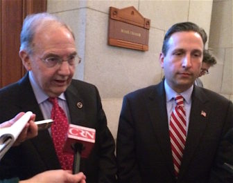 Senate President Pro Tem Martin Looney and Majority Leader Bob Duff comment after Monday's Senate Democratic caucus.
