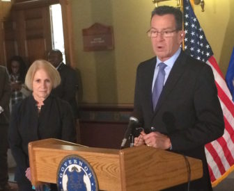 Dora B. Schriro and Gov. Dannel P. Mallloy at last week's press conference on guns.